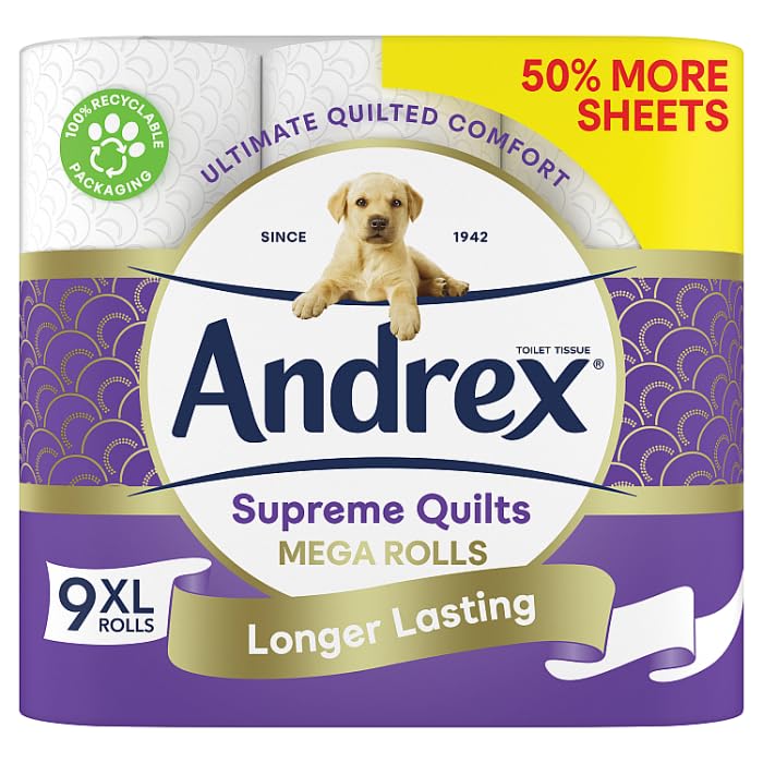 Andrex Supreme Quilts Mega Toilet Roll - 9 Mega Rolls (13.5 Standard), 3-ply, 25% Thicker Paper than Before to Provide Ultimate Quilted Comfort