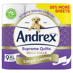 Andrex Supreme Quilts Mega Toilet Roll - 9 Mega Rolls (13.5 Standard), 3-ply, 25% Thicker Paper than Before to Provide Ultimate Quilted Comfort