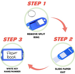 50 x Key Tags with Labels, Key Rings with Tags, Key Fobs with Labels, Name Tags, Plastic Key Labels, Spare Papers, in Handy Box, 5 Colours, for Luggage, ID, Name, Label for Home, Office, School