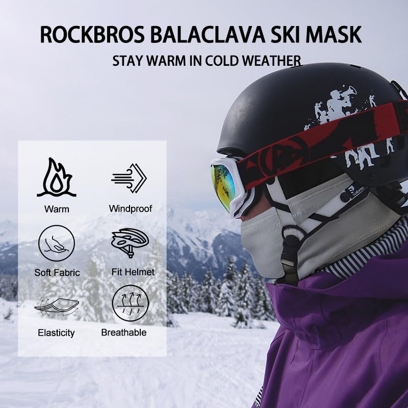 ROCKBROS Ski Mask Cycling Balaclava Windproof, Thermal Neck Gaiter Soft Full-mask Polar Fleece Headwear 4 Colors for Autumn Winter Skating, Skiing, Running, Cycling Light Grey