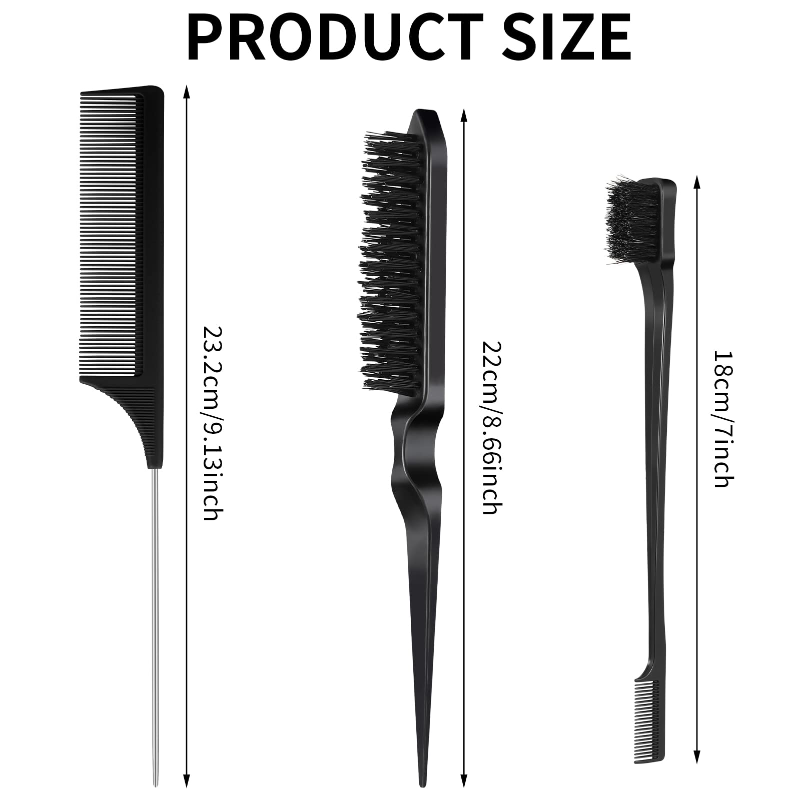 Fuyamp 3 Packs Slick Brush Set Teasing Brush Set, Plastic Bristle Hair Brush Teasing Comb Edge Hair Brush Grooming Combs Sturdy Rat Tail Comb Double Sided Edge Brush for Women Hair Salon Hair Slicking