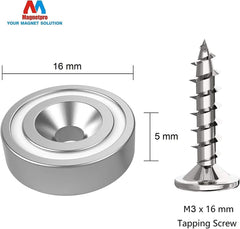 Magnetpro 12 pieces Magnets 15 LB Force 16 x 5 mm with Hole and Capsule, Countersunk Head Pot Magnet with Screws