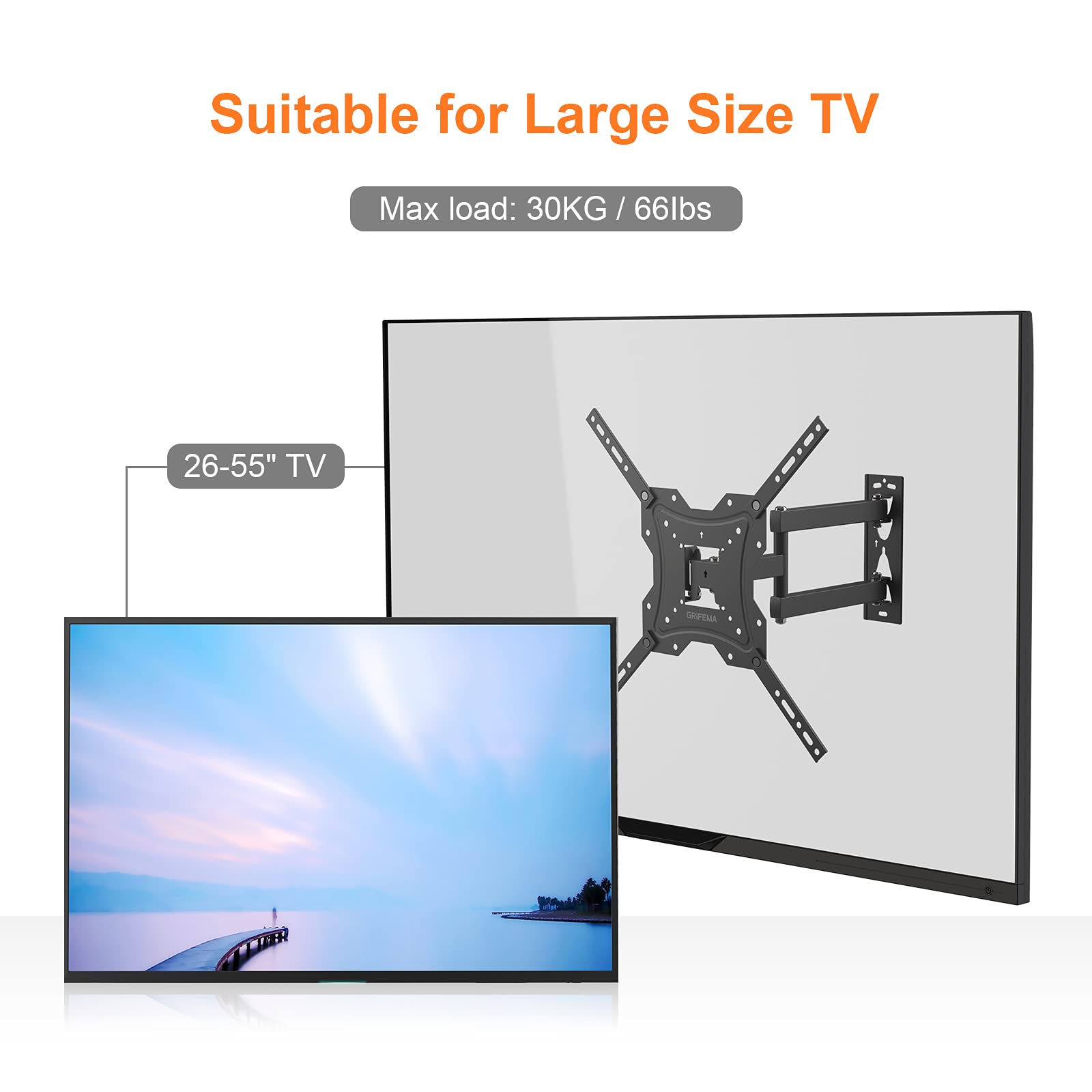 GRIFEMA GB1004 Swivel TV Wall Bracket, for 26-55 inch Screens, for Flat & Curved TV up to 30KG, Tilt (and 5°，-10°), VESA Mount 75x75MM to 400X400MM,Black