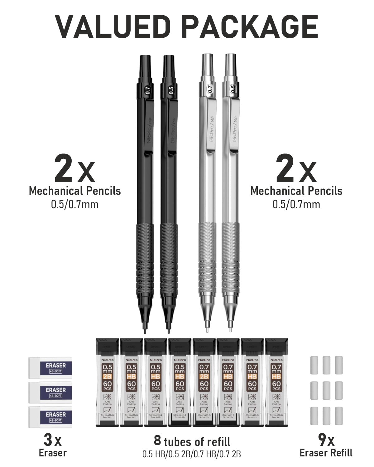 Nicpro 4 Pack Mechanical Pencils 0.5mm & 0.7 mm with Case, MP1000 Metal Artist Pencil Set with 8 Tubes HB & 2B Lead Refills, 3 Eraser, 9 Eraser Refills For Art Writing Drafting Drawing,Black & Silver