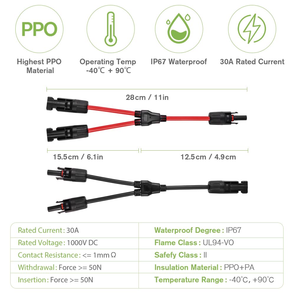 URAQT Solar Cable Y-Splitter (1 to 2), 2 Pcs 6mm² Solar PV Parallel Adapter Y Cable Connector, Solar Panel Extension Cable MMFandFFM for Parallel Photovoltaic Connection, Solar Panel Charging