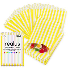 Yellow Paper Sweet Bags 5 x 7”   REALUS 100pk Small Empty Sweets Bag   MADE IN BRITAIN   Retro Candy Stripe Sweetie Bags – Perfect for Kids Party, Pic n Mix Shop, Wedding Favours, Popcorn