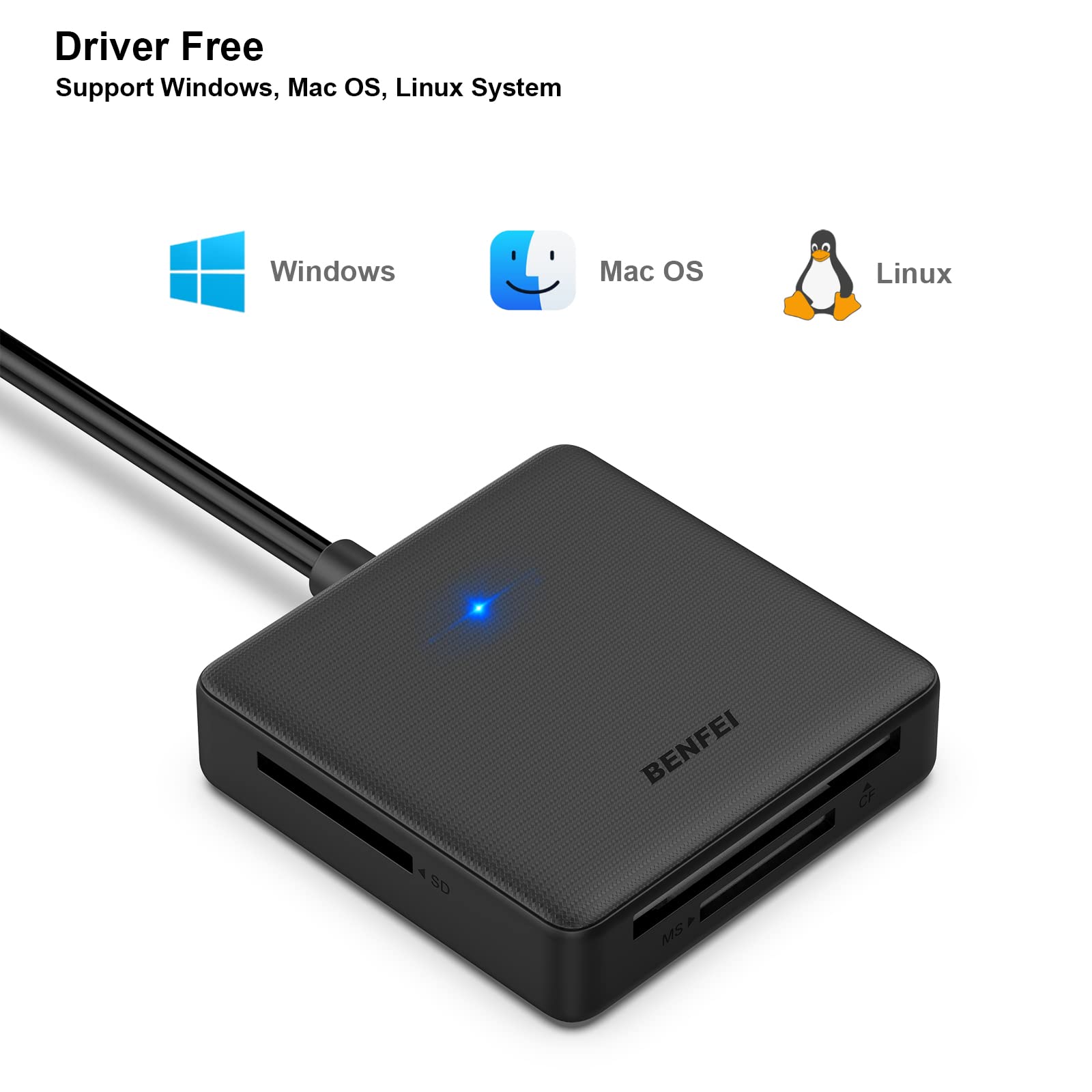 Memory Card Reader, BENFEI 4in1 USB 3.0 and USB-C to SD Micro SD MS CF Card Reader Adapter, 4 Cards Simultaneously Read and Write, Compatible with iPhone 15 series, MacBook Pro/Air 2023, and More