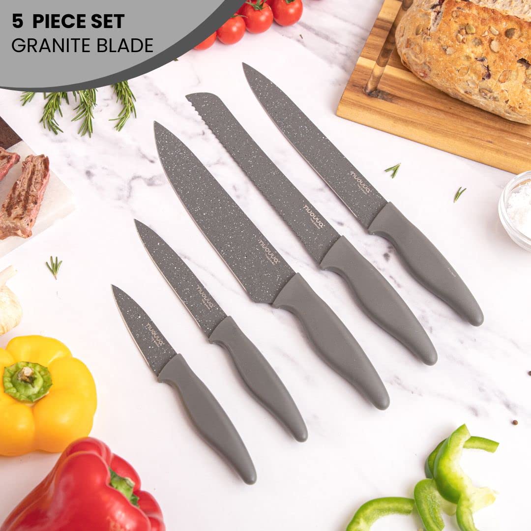 nuovva Professional Kitchen Knife Set – 5pcs Grey Kitchen Knives – Stainless Steel Granite Non Stick Blades – Chefs, Filleting, Bread, Paring and Utility Knives