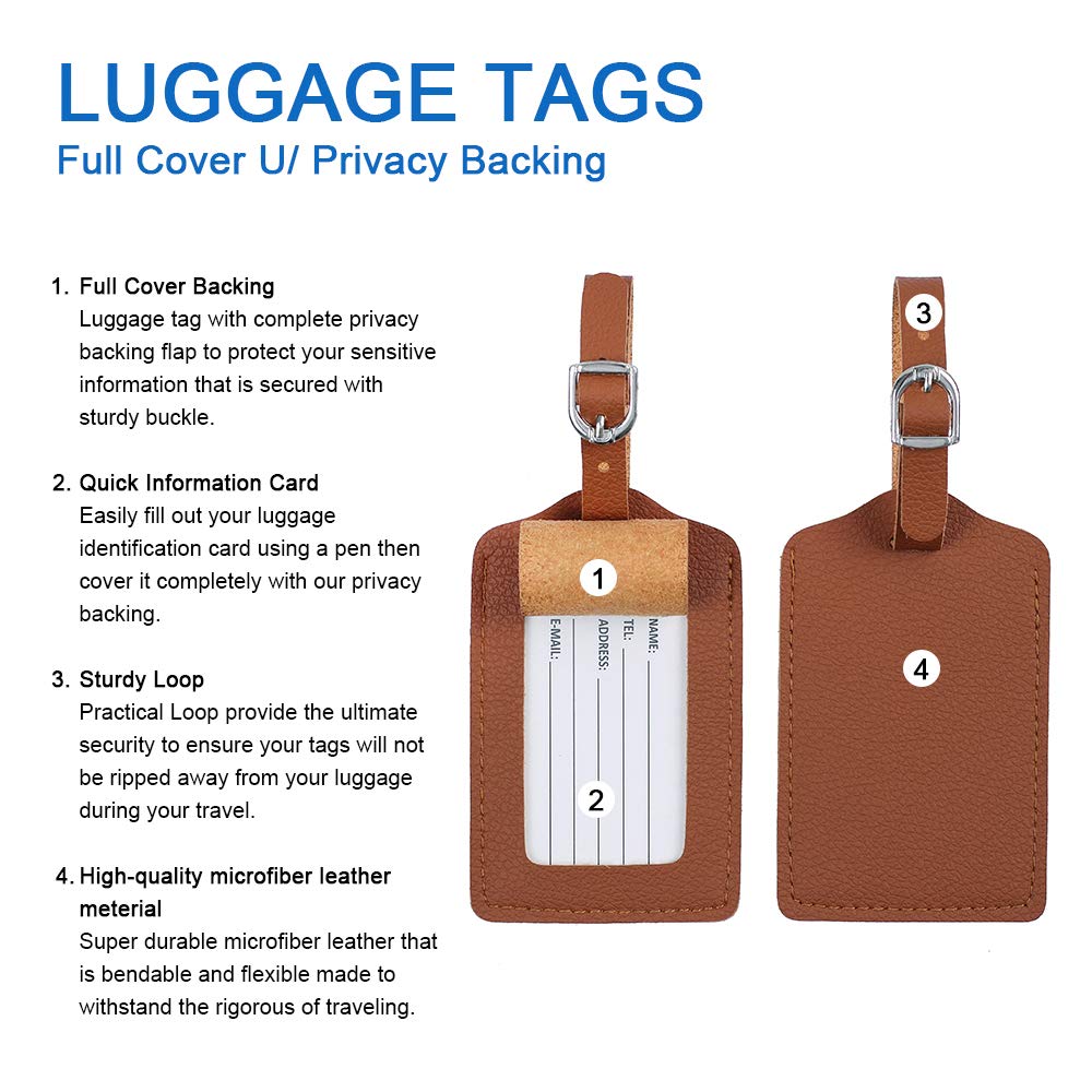 Luggage Tags, Microfiber Leather Personalized Suitcase Tag Set Luggage id Tags Labels Travel Accessories-Set of 4(Brown)