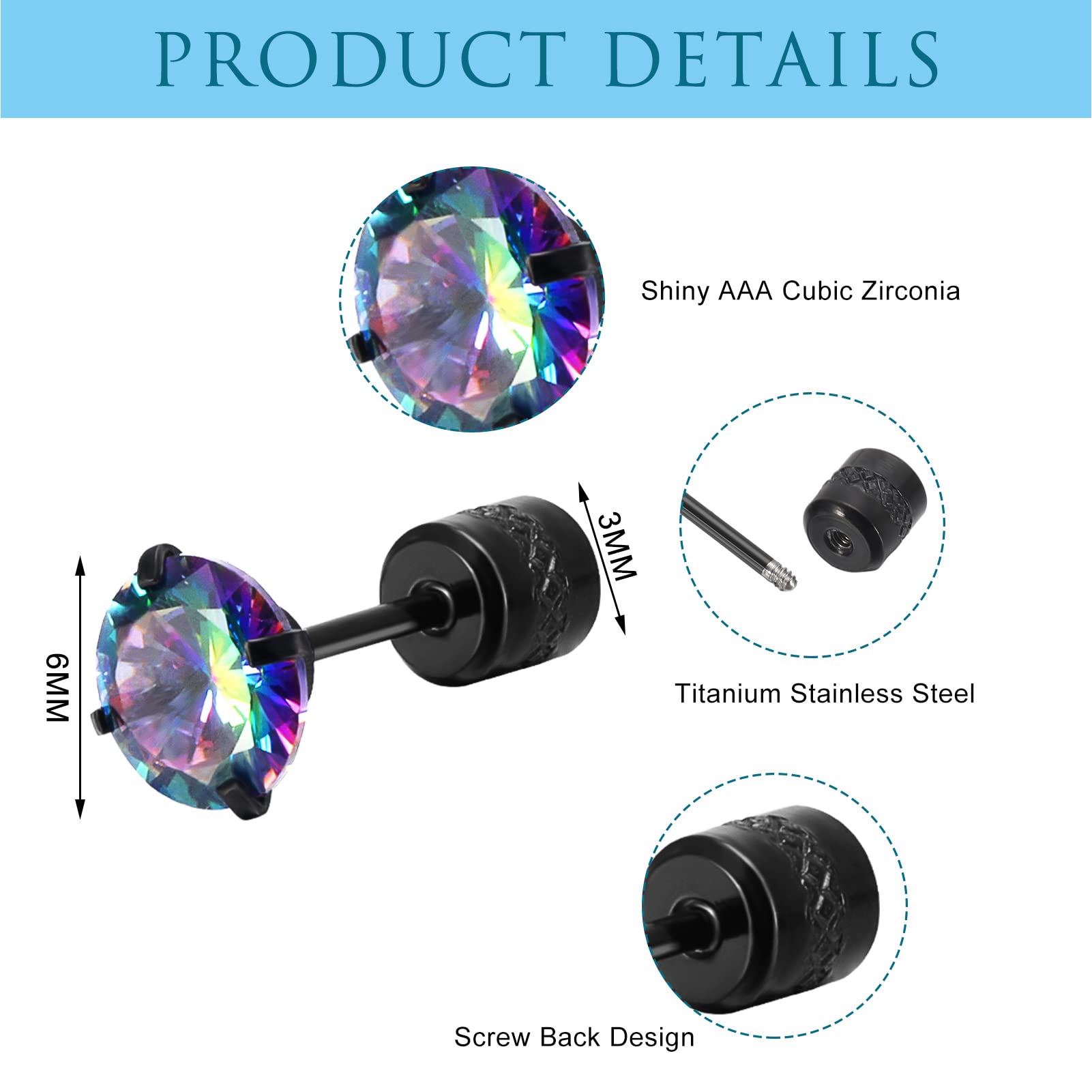 Firtink 5 Pair Titanium Earrings Screw Back Surgical Steel Earrings Stud Earrings for Men Women Hypoallergenic Rainbow 5A Cubic Zirconia Double Side Earrings Sleeper Earrings