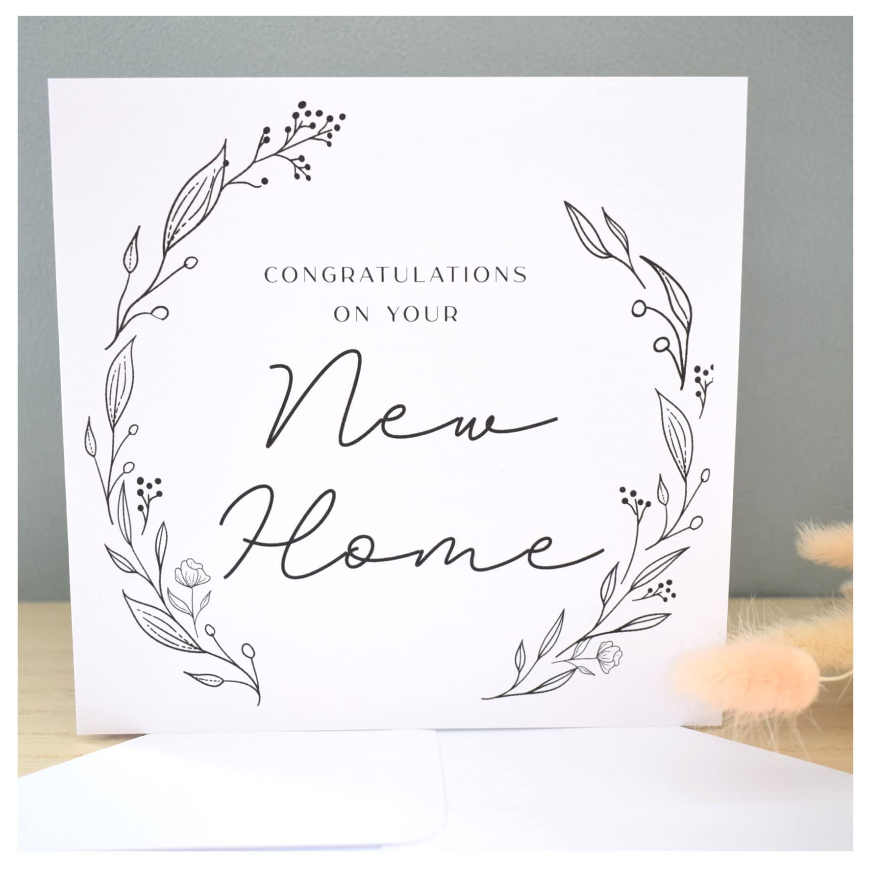 New Home Card   Congratulations New Homeowners Card   Card for Friend sister Mum Colleague   Monochrome Classy Floral Wreath   148mm Square Modern Greeting Card