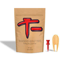 T- Bamboo Golf Tee - Pack of 50 x 32mm Castle Tee (Red) - Strong, Sturdy and Eco-Friendly - includes Bamboo Pitch Mark Repair Tool