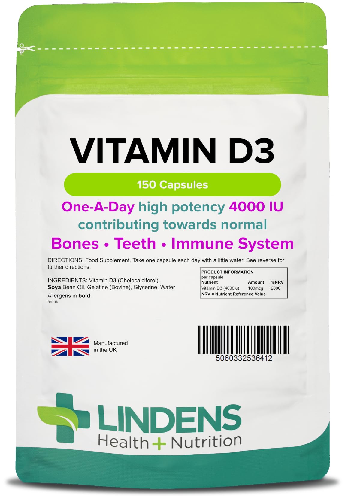 Lindens Vitamin D3 4000IU - 150 High Strength Capsules - Supports Healthy Immune System & Calcium Absorption - One-A-Day Capsule - 5 Month Supply - UK Manufacturer & Letterbox Friendly