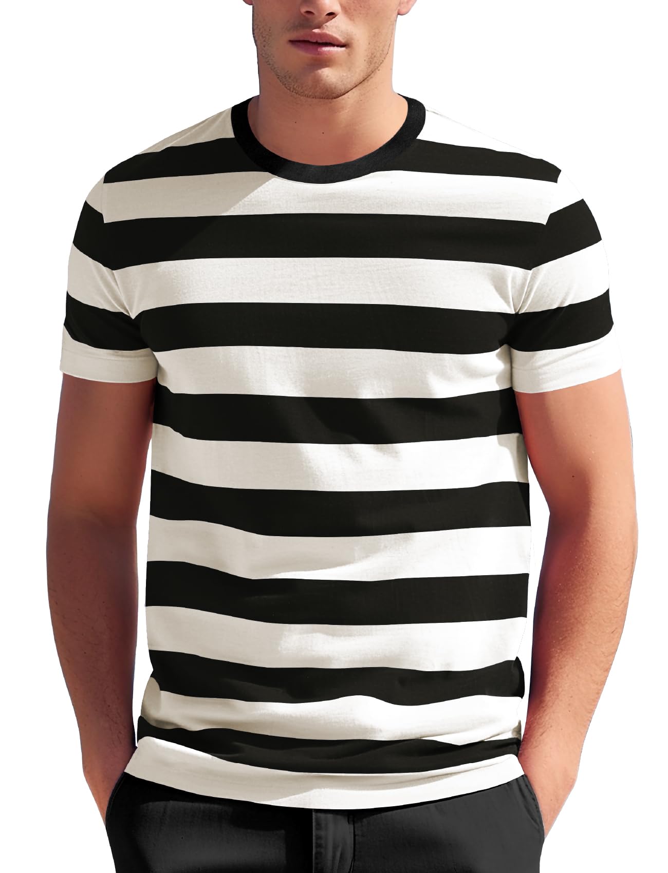 Zengjo Mens Striped T Shirt(Black/Off White,L)