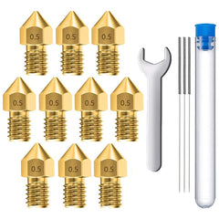 MMOBIEL 10 Pcs 0.5mm Brass MK8 3D Printer Nozzles Extruder Compatible With Creality Ender 3 Series, Ender 5 Series, CR-10/10S, Makerbot, Incl. 3 Cleaning Needles and Wrench