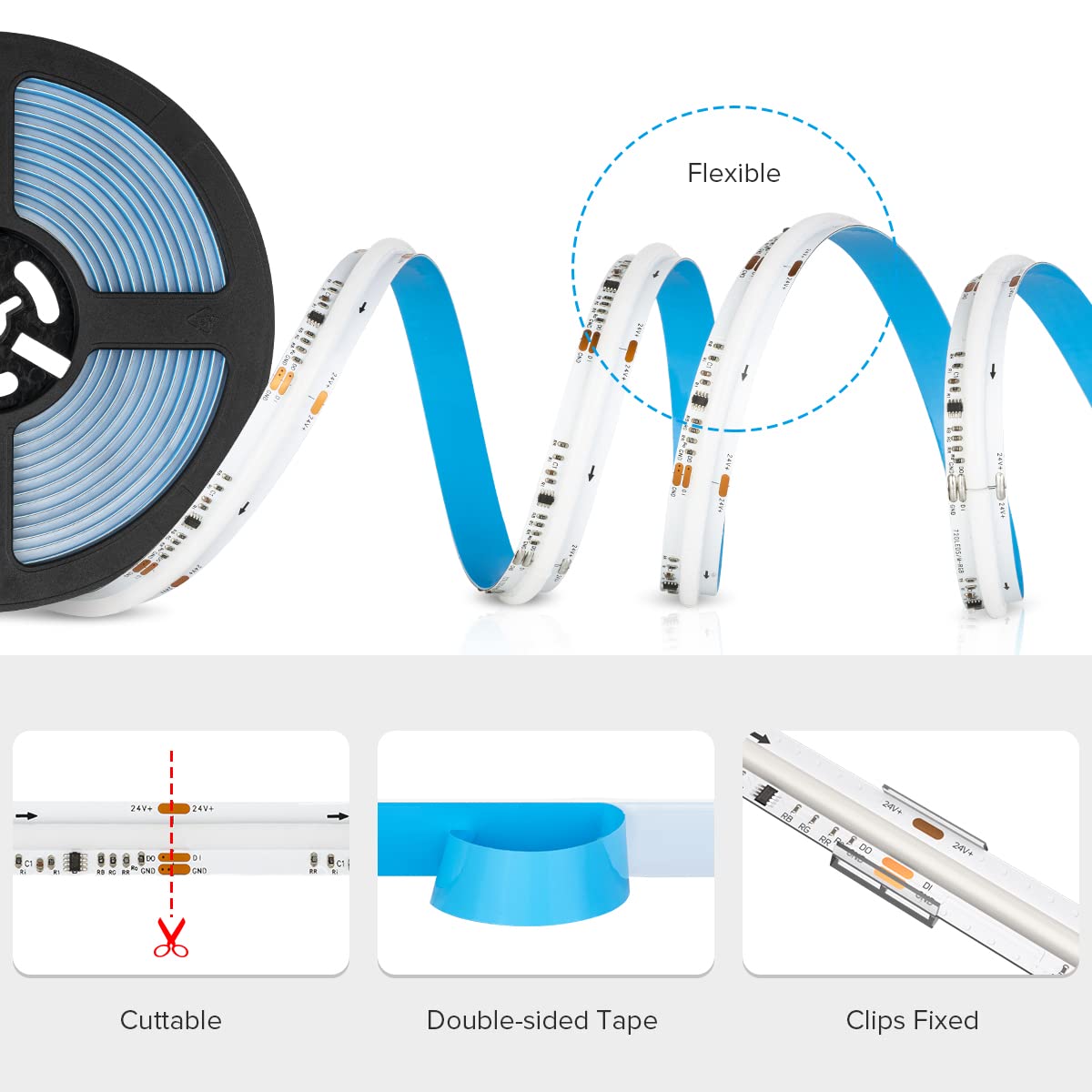 BTF-LIGHTING FCOB COB SPI RGB Flexible High Density LED Strip COB WS2811 IC LED Strip 5M 720LEDs/m 21W/M DC24V White PCB IP30 Chasing Colour(Without Controller and Power Supply)