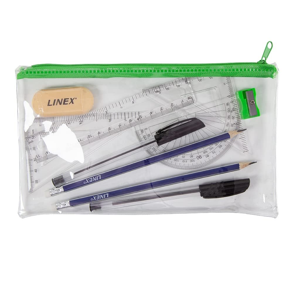 Linex Clear Filled Pencil Case Exam Set, for Maths Students, Ruler, Protractor