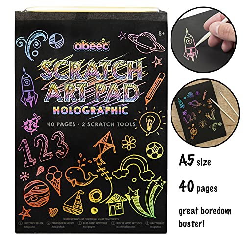abeec Scratch Art Pads Holographic - Scratch Art For Kids - Scratch Art Paper Scratch Book - Arts And Crafts For Kids - Scratch Art Party Bag Fillers - Holographic Scratch Paper
