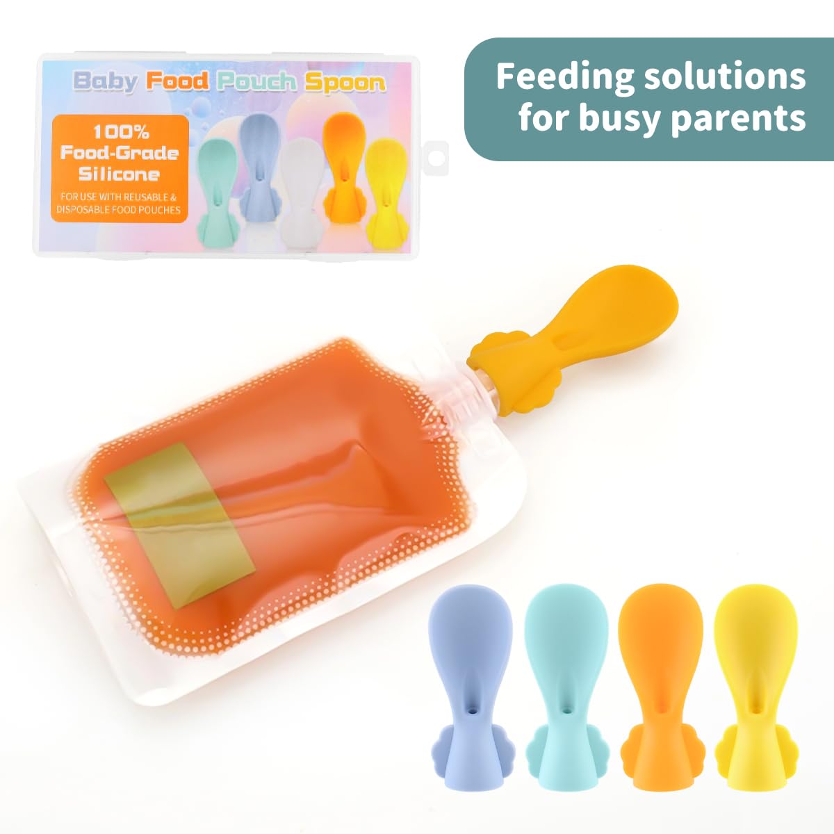 MUQZI Baby Food Pouch Silicone Spoon - Squeeze Spoons Feeding Set, Reusable Baby Weaning Spoon, Self-Feeding Spoon for Babies, 4 Colors