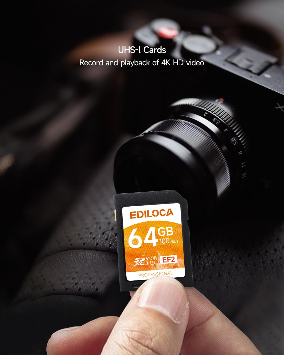 Ediloca SD Card 64GB, Memory Card, Up to 100MB/s, UHS-I, C10, U3, V30, Full-HD & 4K Video, Camera SD Card, Must-Have for Professional Photographers(EF2)