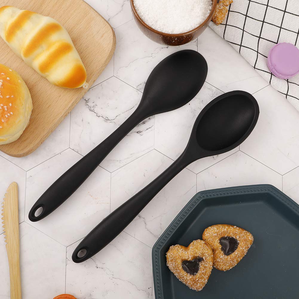 Heyu-Lotus 2 Pcs Silicone Nonstick Kitchen Spoon Set, Heat-Resistant Cooking Spoons for Stirring Scooping and Mixing (Black)