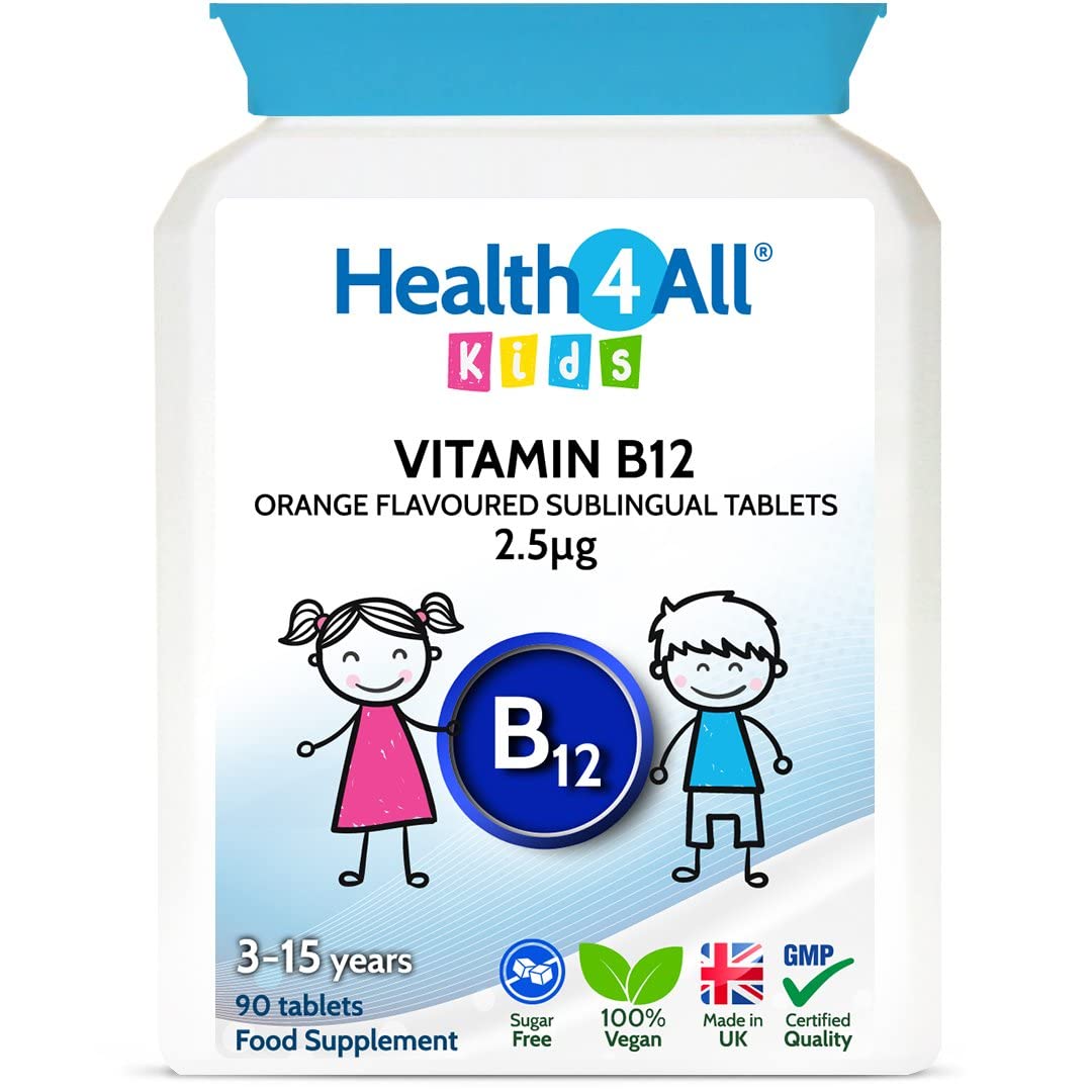 Kids Vitamin B12 2.5mcg Sublingual 90 Tablets (V) Vegan Methylcobalamin Chewable Tablets for Children. Orange Flavoured. Made in The UK by Health4All