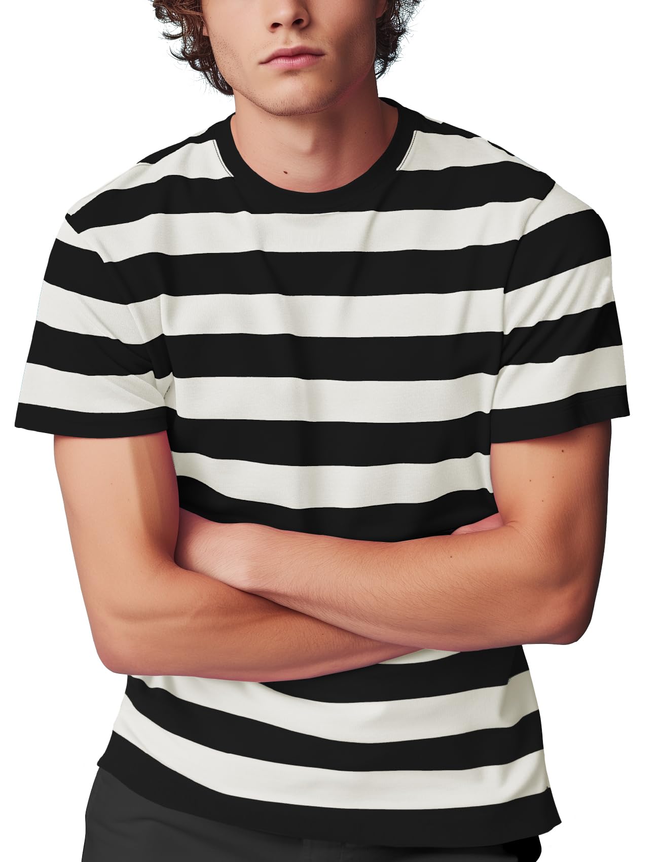 Zengjo Mens Striped T Shirt(Black/Off White,L)