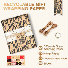 Wrapping Paper, 11 Pcs Birthday Wrapping Paper Recyclable Gift Wrap Paper Sheets (70x50cm) with 1 Gift Sticker, 1 Double-Side Tape, 2 Kraft String - Great for Girl, Boy, Women, Men on Birthday