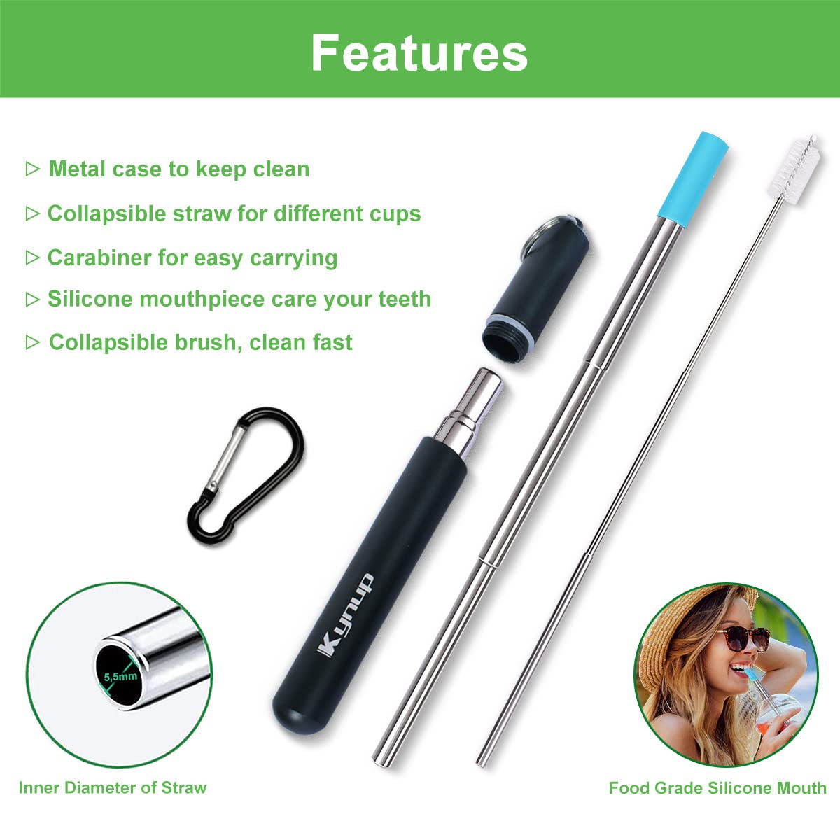 Kynup Reusable Metal Drinking Straw, 4 Pack Metal Collapsible Straw with Case, Keychain, Cleaning Brush, 6mm DIA, Length up to 23cm, Portable Travel Straw for Travel on the Go(Black-Silver-Gold-Green)