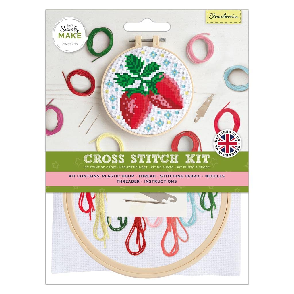 Simply Make docrafts Cross Stitch Hoop Embroidery Kit, Strawberries, DIY Make Your Own Craft Set, for Adults, Older Children, Kids, Beginners, Experienced Crafters, Perfect Hobby