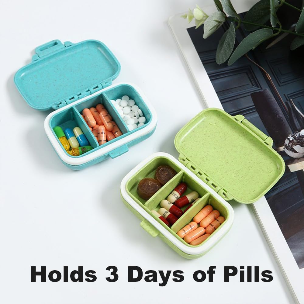 JUNIPLTER 2 Pack Small Pill Box with 3 Compartment, Daily Pill Case for Pocket, Travel Pill Organizer Box, Portable Pill Container Pill Holder for Vitamins, Fish Oils (Beige)