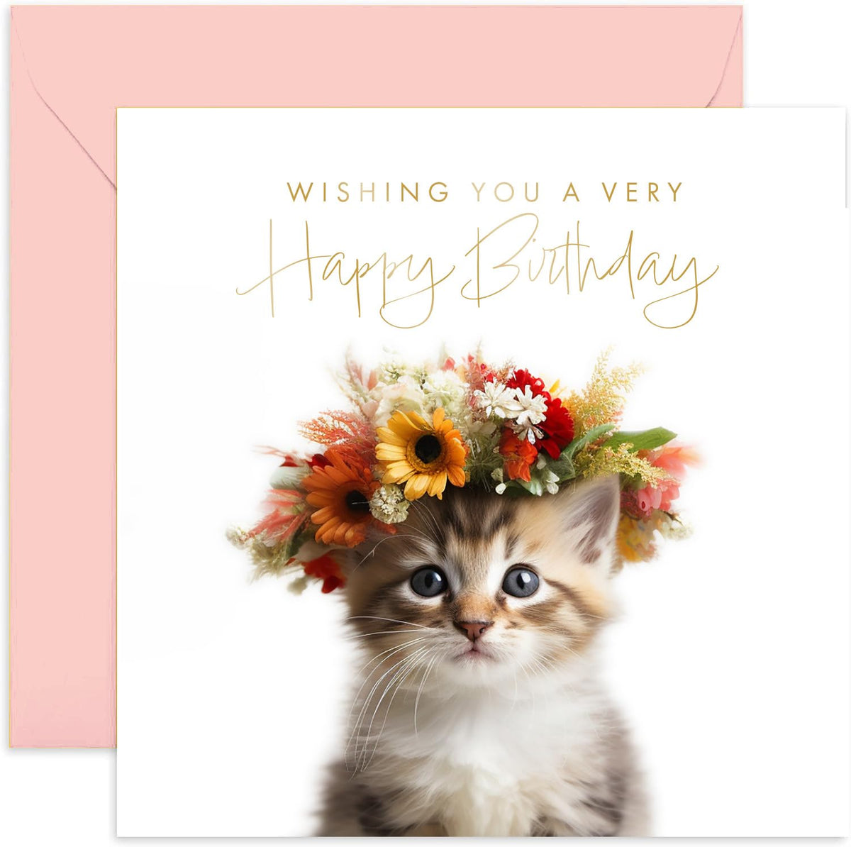 Old English Co. Baby Kitten Very Happy Birthday Card for Her - Cute Kitten Floral Birthday Card for Women - Cute Birthday Cards for Sister, Mum, Daughter, Friend   Blank Inside with Envelope…