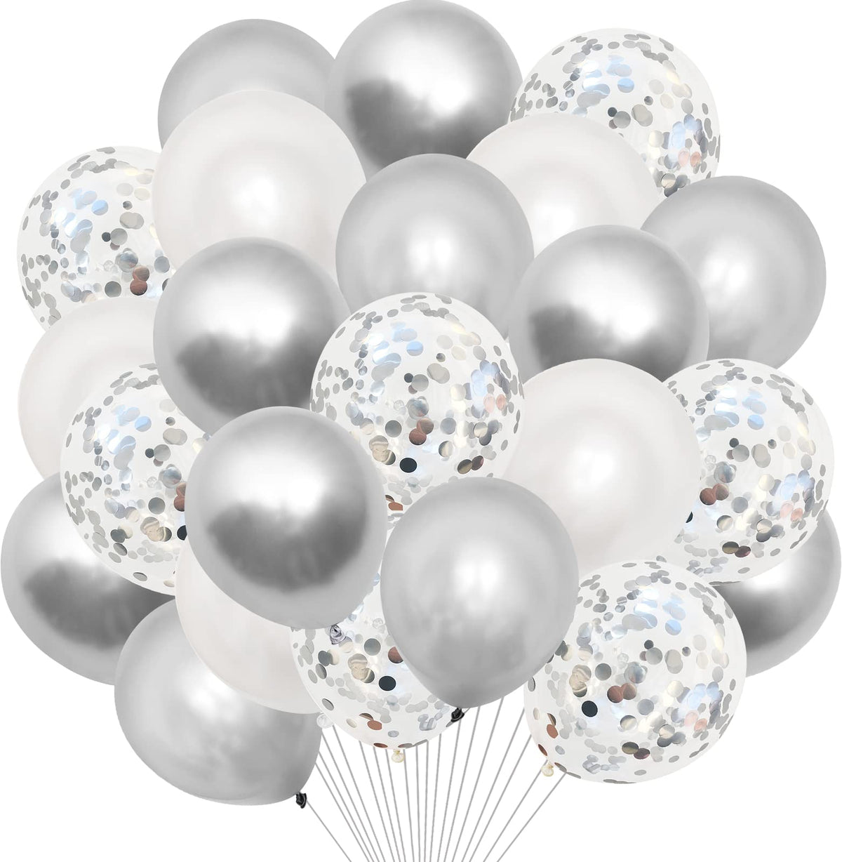Silver Balloons, 40Pcs 12Inch Metallic Silver White Helium Balloons & Silver Confetti Balloons with Ribbons Glue Dots for Birthday Wedding Baby Shower Engagement Graduate Anniversary Party Decoration
