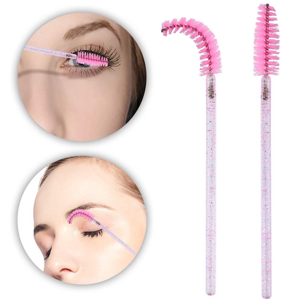 G2PLUS 50 PCS Disposable Eyelash Brushes - Pink Eyelash Spoolies - Crystal Mascara Wands -Eyelash Extension Brush Applicator for Eyelash Extensions