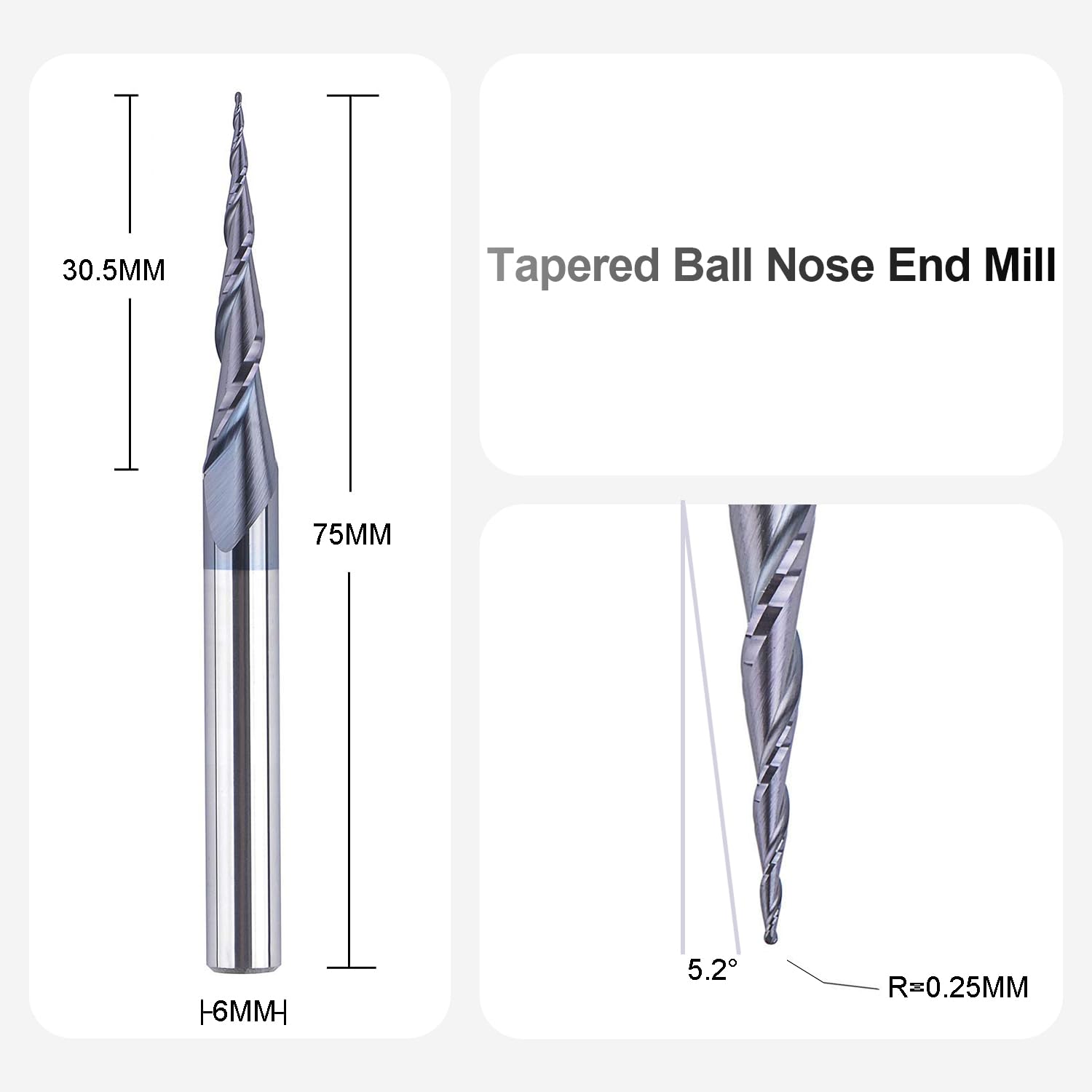 SpeTool Ball Nose Router Bit 0.25 Radius 6mm Shank CNC Engraving Tool Solid Carbide Tapered Milling Cutter 5.2Deg TiAlN Coated Spiral End Mill for 2D and 3D Engraving Carving Woodworking