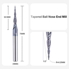 SpeTool Ball Nose Router Bit 0.25 Radius 6mm Shank CNC Engraving Tool Solid Carbide Tapered Milling Cutter 5.2Deg TiAlN Coated Spiral End Mill for 2D and 3D Engraving Carving Woodworking