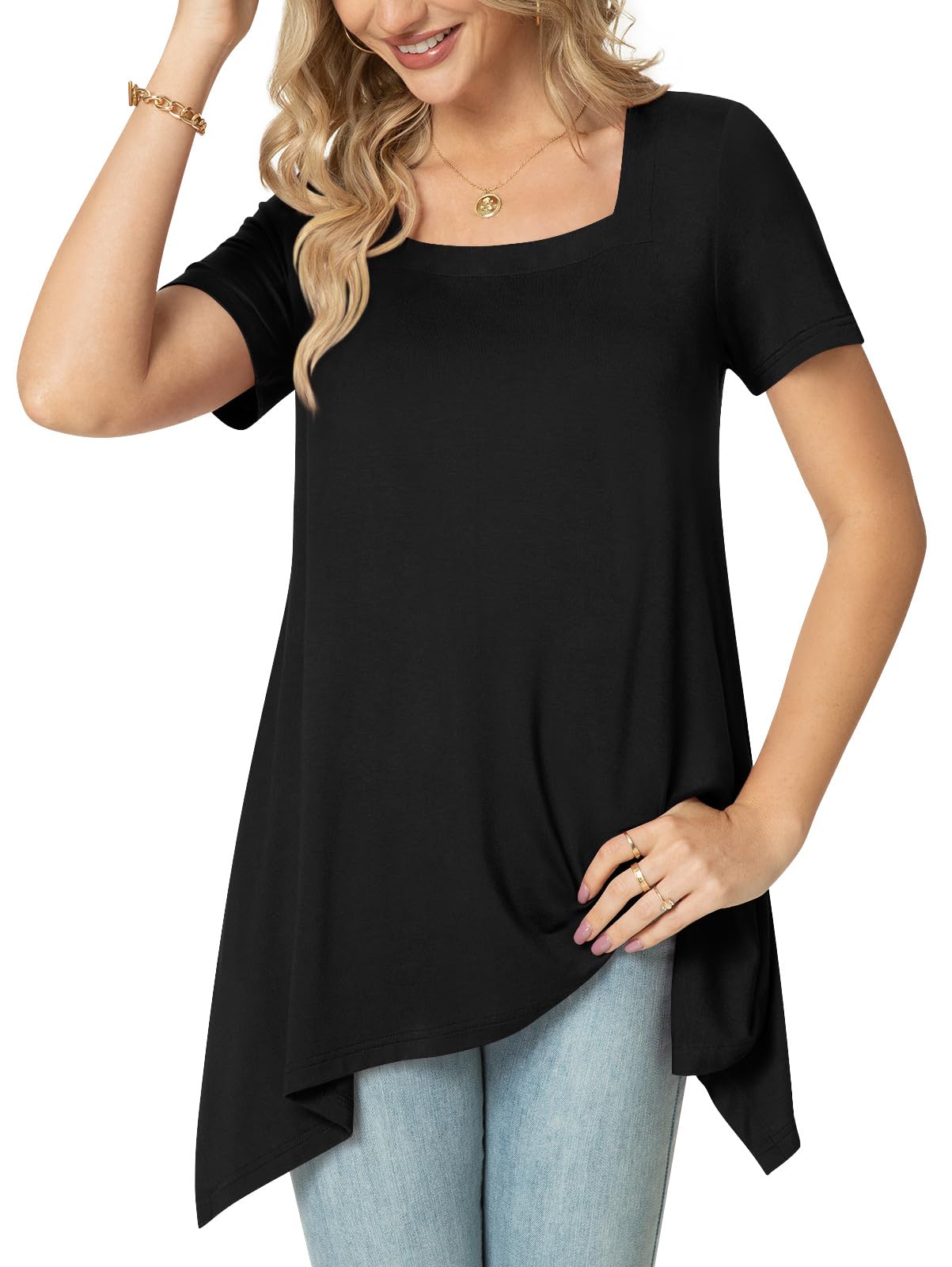 POPYOUNG Womens Casual Tunic Tops Short Sleeve Ladies Longline Tunic Blouse Shirts Square Neck Dress Floaty Long Tops to wear with Leggings M,Black