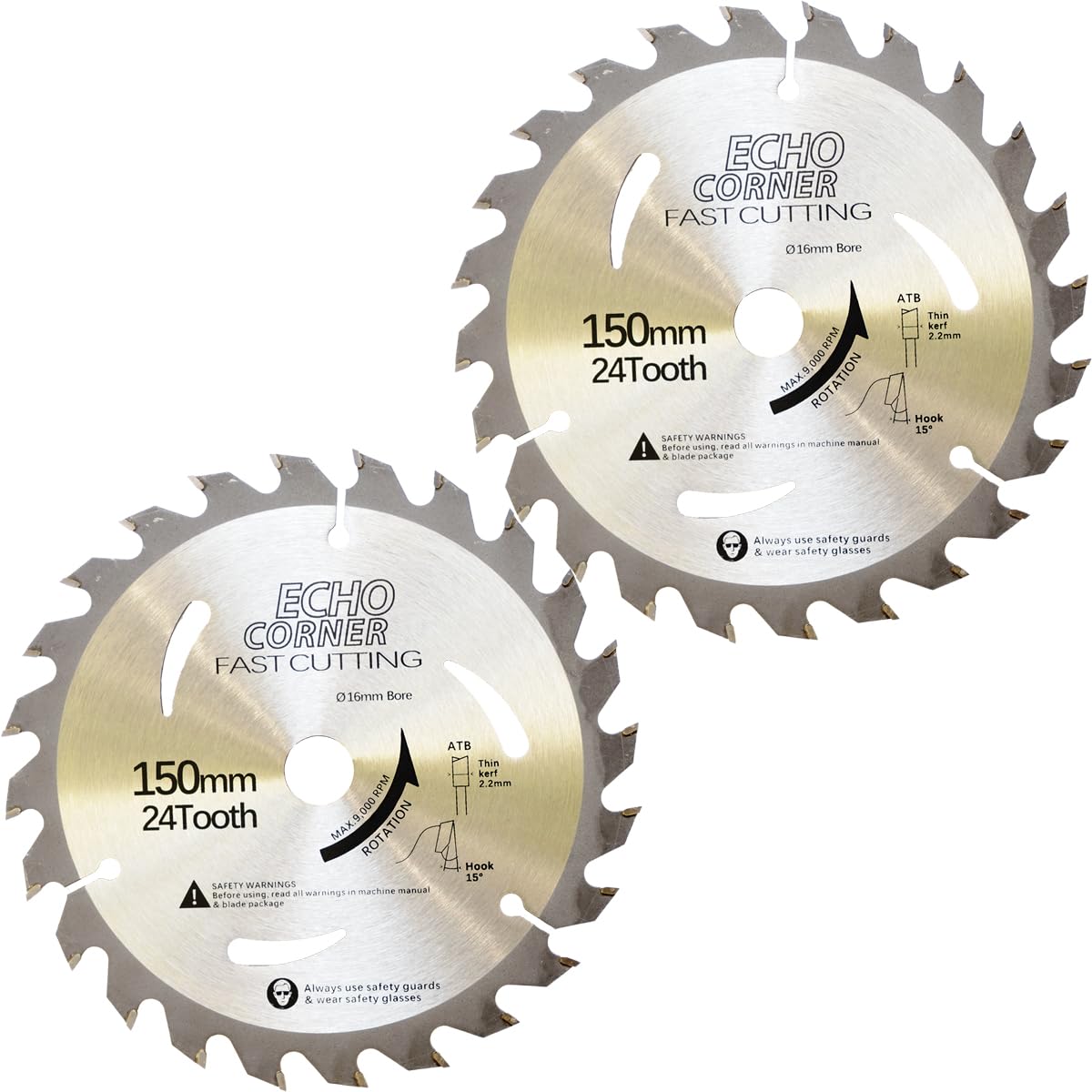 Echo Corner 2-Pack 16mm bore 150mm Wood Cutting Circular Saw Blades for Wood, TCT 24-Tooth, Fast Rip Trimming Hardwood SoftWood Laminate Veneered Plywood MDF Plastic