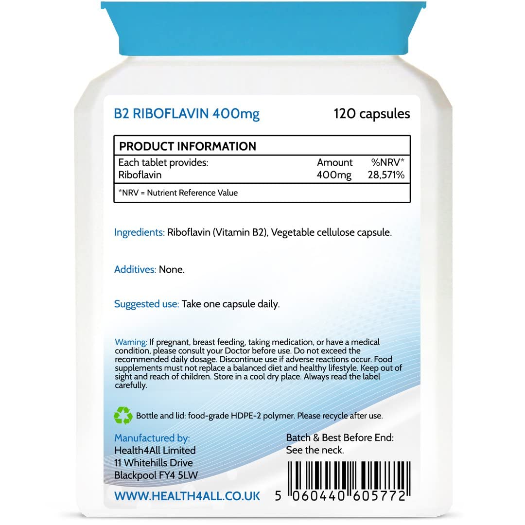 Health4All Vitamin B2 Riboflavin 400mg Migraine Support 120 Capsules (4 Months Supply) Vegan, no additives, High Strength Riboflavin Supplement