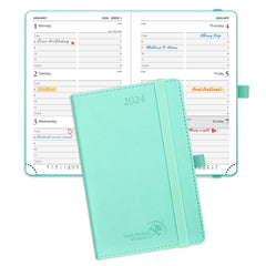 POPRUN Small Diary 2024 Pocket Diary A6 Week To View 16 x 10.5 cm Vegan Leather Soft Cover, 24 Weekly Planner with Work Appointment, 100GSM FSC® Paper - Mint Green