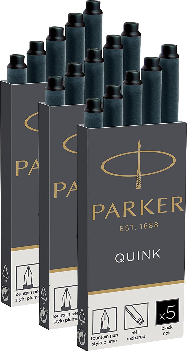 Parker Quink Fountain Pen Ink Cartridges - Long Size - Pack of 15 - Black