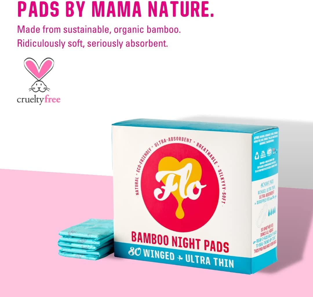 FLO Organic Bamboo Sanitary Pads with Wings, Silky Soft, Ultra-Absorbent - Biodegradable and Ultra-Thin Sanitary Towels - Mega Pack Night Pads - 80 Count