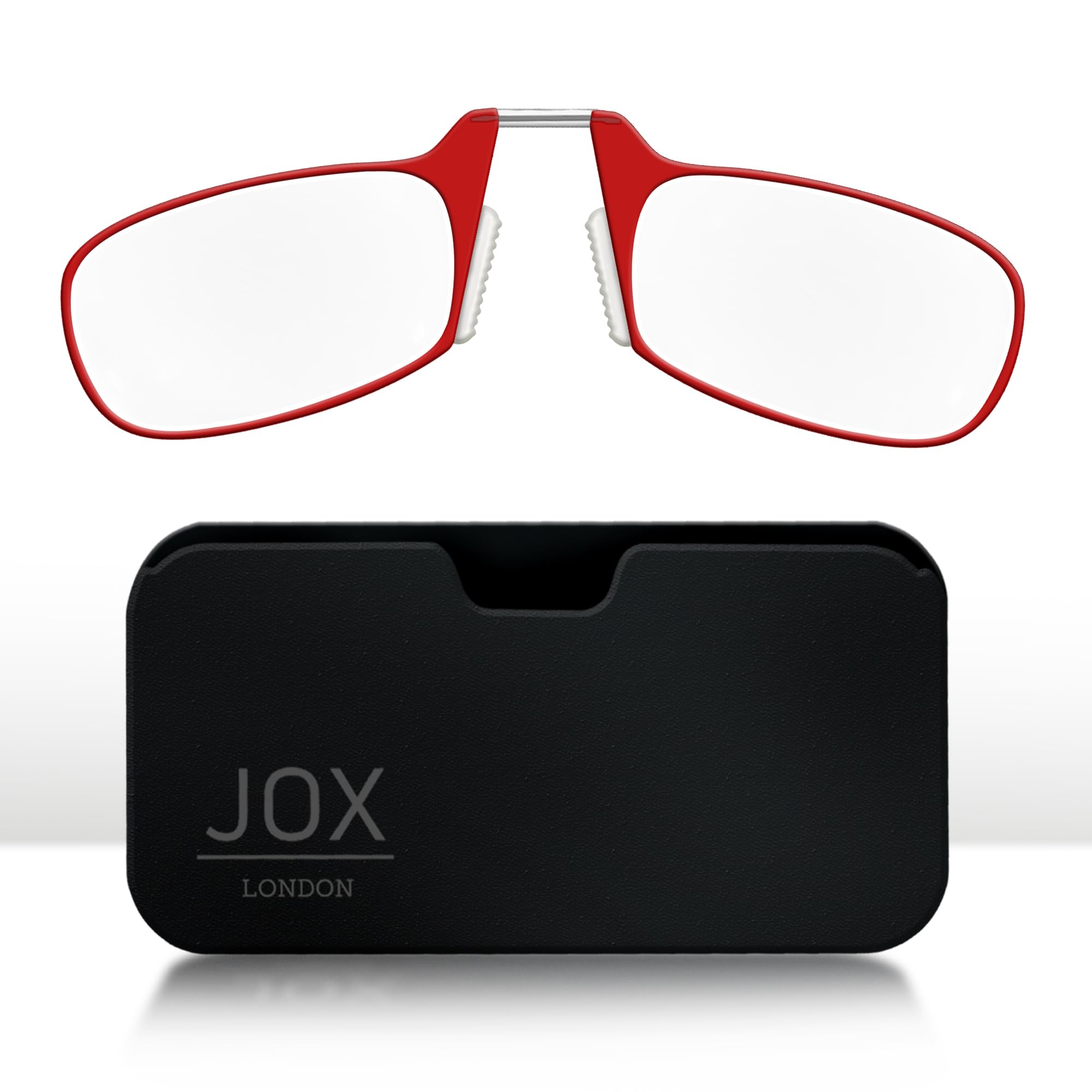 JOX Nose Reading Glasses with Compact Case - Slim Nose Reading Glasses to stick on the mobile phone - Flex-Fit Technology - Unmatched Clarity and Comfort for Your Reading Needs (Red, 1.5, Dioptres)