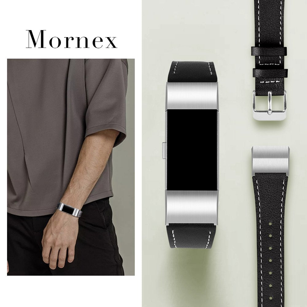 Mornex Strap Compatible with Fitbit Charge 2 Band Leather Strap, Classic Adjustable Replacement Wristband Fitness Accessories With Metal Connectors