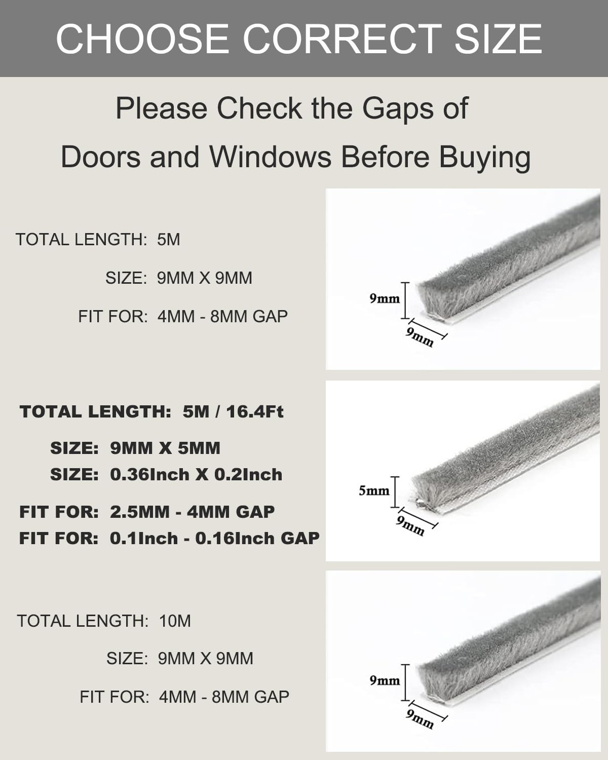 AFAXINRIE Door Draft Excluder, Window Draft Excluder, 5Meters(L) x 9 mm(W) x 5mm(T) Self-Adhesive Brush Seal Strip Air Stopper for Sliding Doors, External Doors, Window- Grey