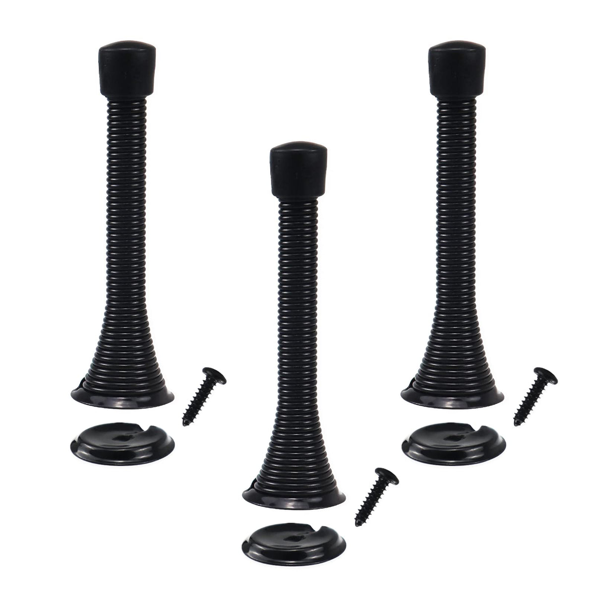 3 Pack Black Spring Door Stops, Bendable Metal Spring Door Stoppers with Anti-Slip Rubber Heads Screws Base, Long Door Springs for Protect Walls and Doors