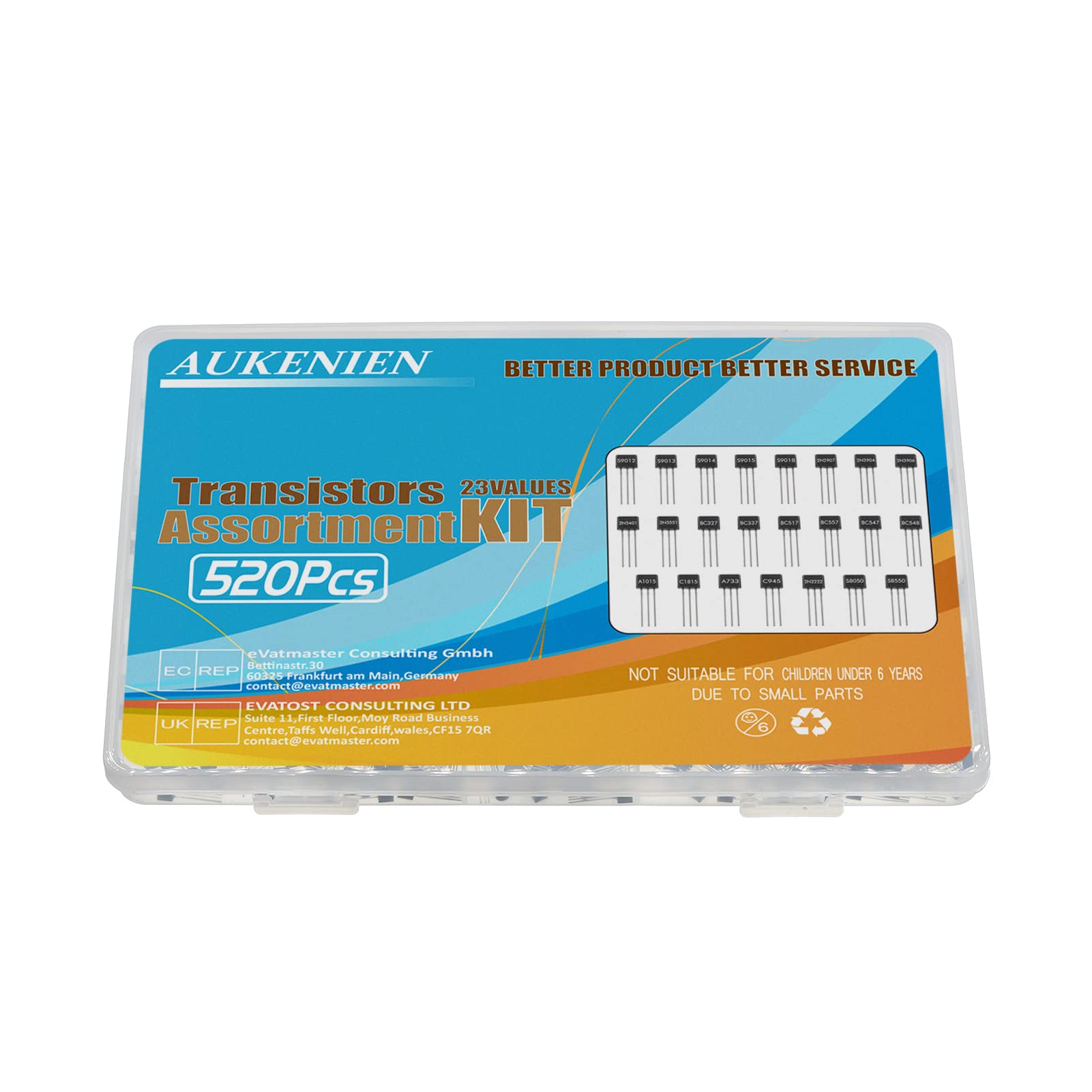 AUKENIEN Transistor Kit 23Values BJT PNP NPN Transistors A1015 A733 C945 C1815 BC557 2N2907 2N3904 2N3906 2N5401 2N5551 S9012 S9013 S9014 S9015 S9018 BC327 BC337 BC517 BC547 BC548 2N2222 S8050 S8550