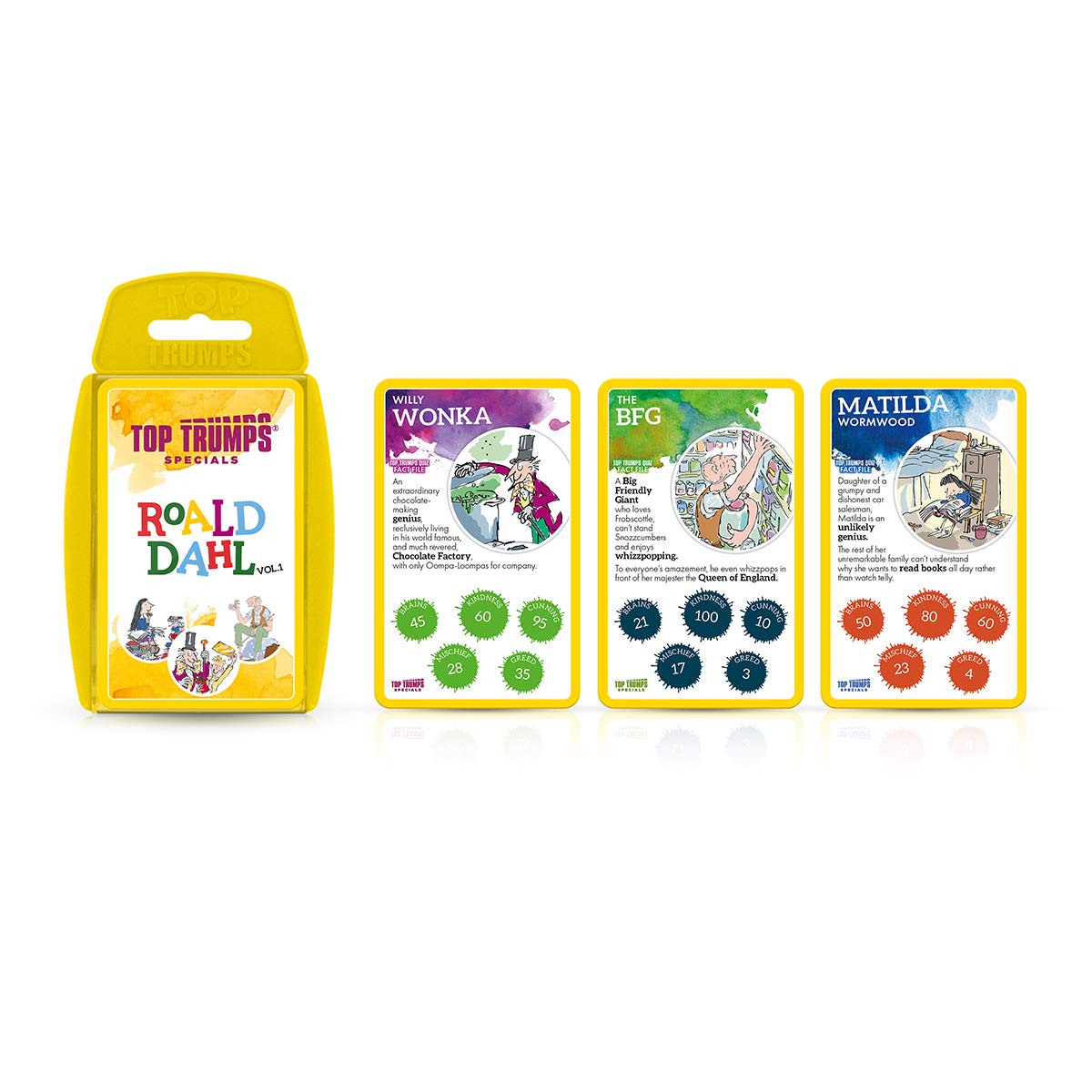 Top Trumps Roald Dahl Vol.1 Specials Card Game, play with gloriumptious characters from Matilda, The BFG, Charlie and the Chocolate Factory and Willy Wonka, gifts for boys and girls aged 6 plus