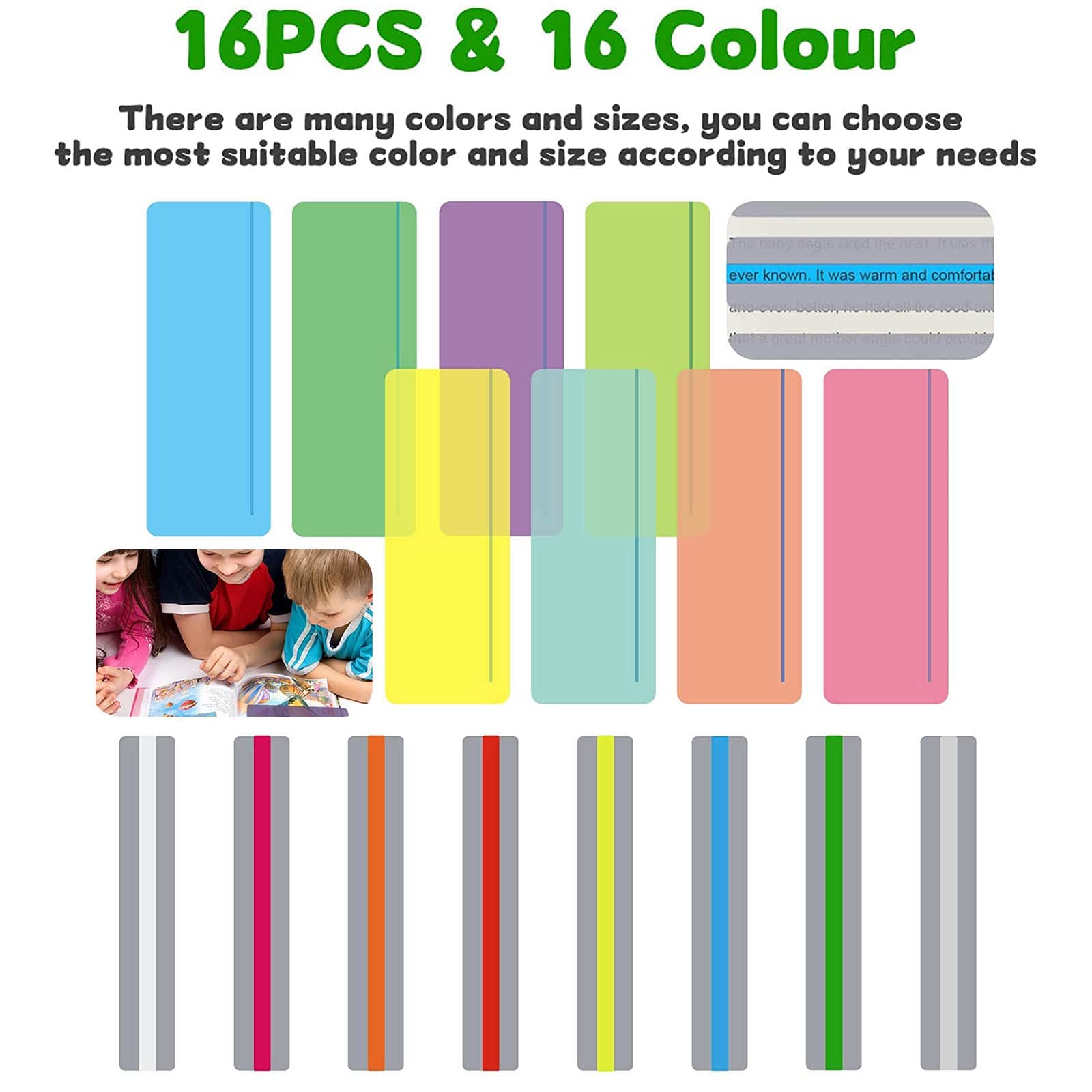 NHCDFA Dyslexia Aids,16 Pcs Dyslexia Overlays,Guided Reading Strips Highlight Strips Colored Overlay Highlight Bookmarks,Visual Stress Aids,Dyslexic Students Kids to Help Read (YDZAFZ16HZHUK)