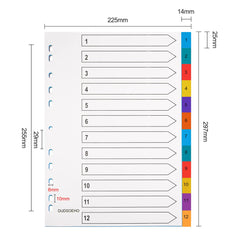 A4 Wide Colour Tabs 【5 Pack】File Dividers Coloured Mylar Multi Colours 1-12 Multipurpose Porous Index Dividers